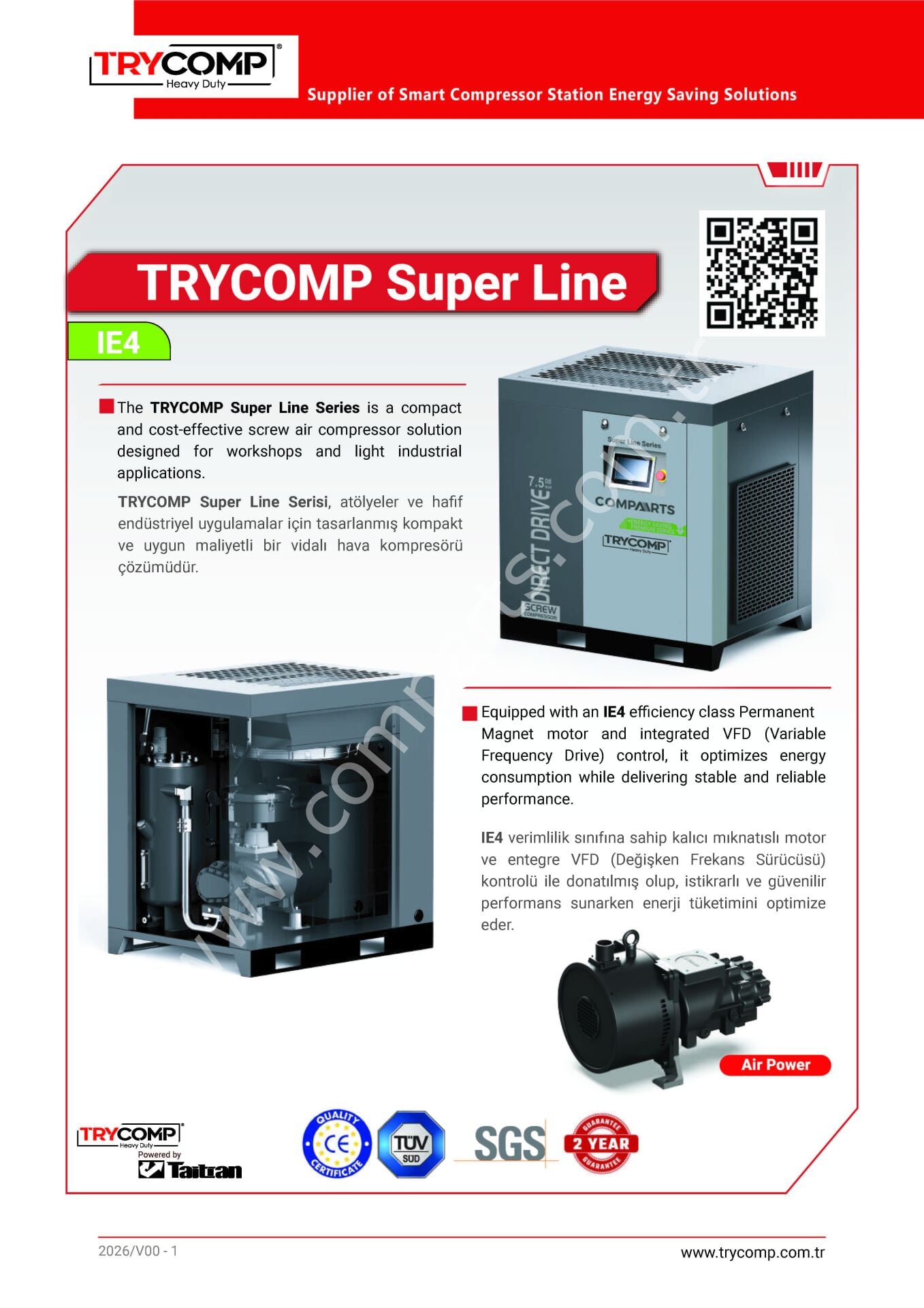 TRYCOMP TRY15PE-TD-Y-8 15 kW Vidalı Kompresör 20 HP IE4 PM Motorlu VSD